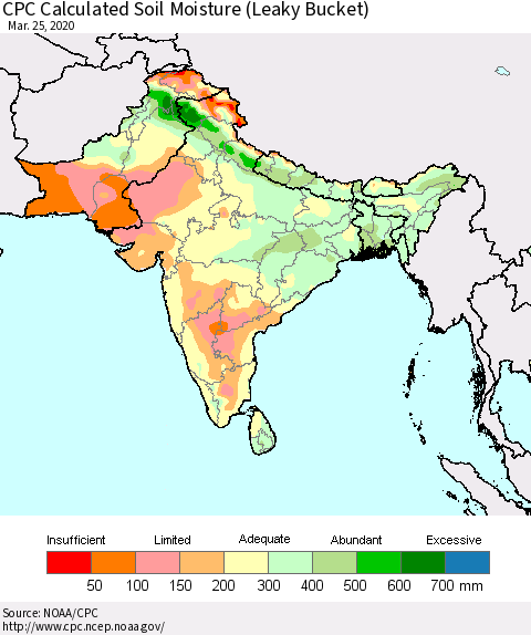 Southern Asia CPC Calculated Soil Moisture (Leaky Bucket) Thematic Map For 3/21/2020 - 3/25/2020
