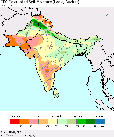 Southern Asia CPC Calculated Soil Moisture (Leaky Bucket) Thematic Map For 3/26/2020 - 3/31/2020