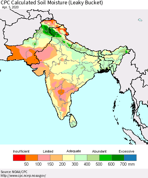 Southern Asia CPC Calculated Soil Moisture (Leaky Bucket) Thematic Map For 4/1/2020 - 4/5/2020