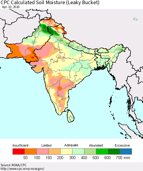 Southern Asia CPC Calculated Soil Moisture (Leaky Bucket) Thematic Map For 4/6/2020 - 4/10/2020