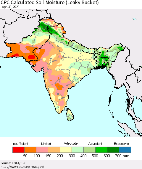 Southern Asia CPC Calculated Soil Moisture (Leaky Bucket) Thematic Map For 4/26/2020 - 4/30/2020