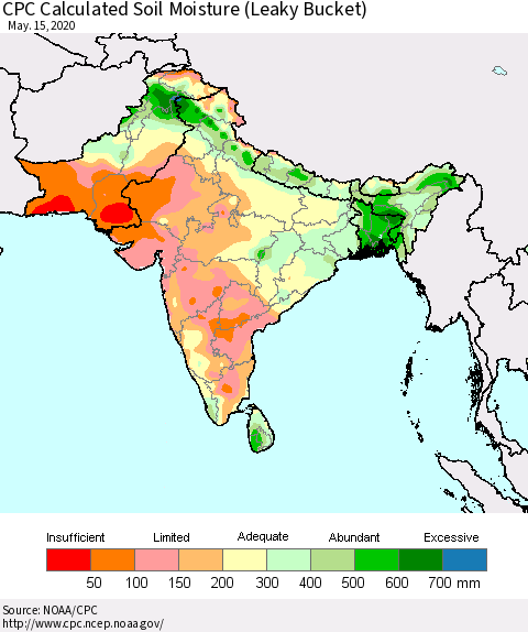 Southern Asia CPC Calculated Soil Moisture (Leaky Bucket) Thematic Map For 5/11/2020 - 5/15/2020