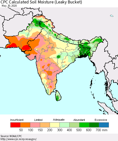 Southern Asia CPC Soil Moisture (Leaky Bucket) Thematic Map For 5/16/2020 - 5/20/2020