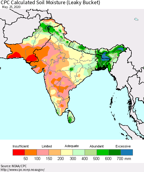 Southern Asia CPC Calculated Soil Moisture (Leaky Bucket) Thematic Map For 5/21/2020 - 5/25/2020