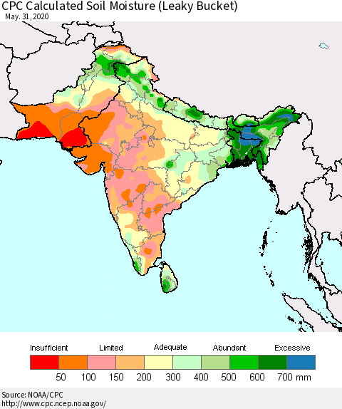 Southern Asia CPC Calculated Soil Moisture (Leaky Bucket) Thematic Map For 5/26/2020 - 5/31/2020