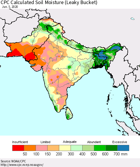 Southern Asia CPC Calculated Soil Moisture (Leaky Bucket) Thematic Map For 6/1/2020 - 6/5/2020
