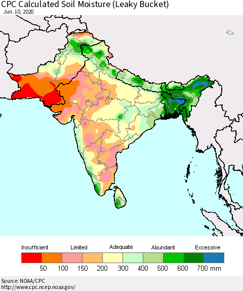 Southern Asia CPC Calculated Soil Moisture (Leaky Bucket) Thematic Map For 6/6/2020 - 6/10/2020