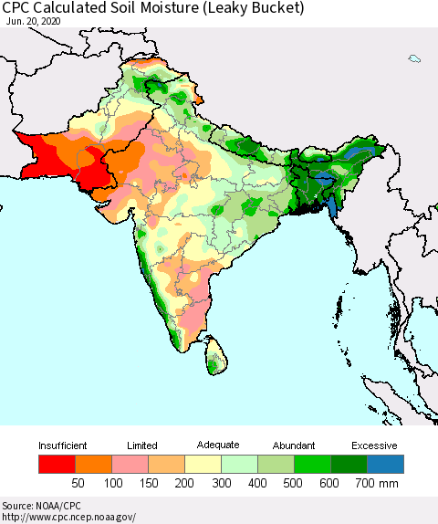 Southern Asia CPC Calculated Soil Moisture (Leaky Bucket) Thematic Map For 6/16/2020 - 6/20/2020