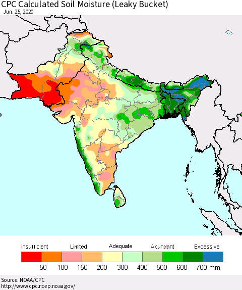 Southern Asia CPC Calculated Soil Moisture (Leaky Bucket) Thematic Map For 6/21/2020 - 6/25/2020