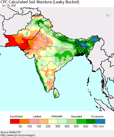 Southern Asia CPC Calculated Soil Moisture (Leaky Bucket) Thematic Map For 6/26/2020 - 6/30/2020