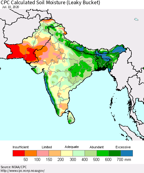Southern Asia CPC Calculated Soil Moisture (Leaky Bucket) Thematic Map For 7/6/2020 - 7/10/2020