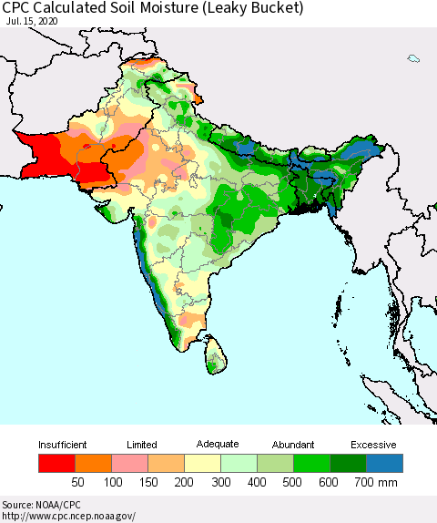 Southern Asia CPC Soil Moisture (Leaky Bucket) Thematic Map For 7/11/2020 - 7/15/2020