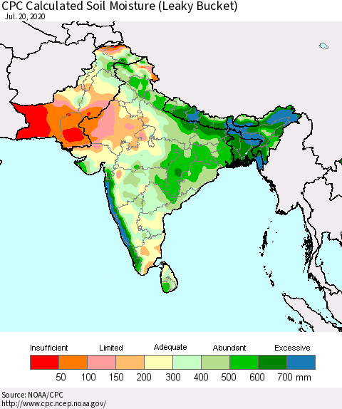 Southern Asia CPC Soil Moisture (Leaky Bucket) Thematic Map For 7/16/2020 - 7/20/2020