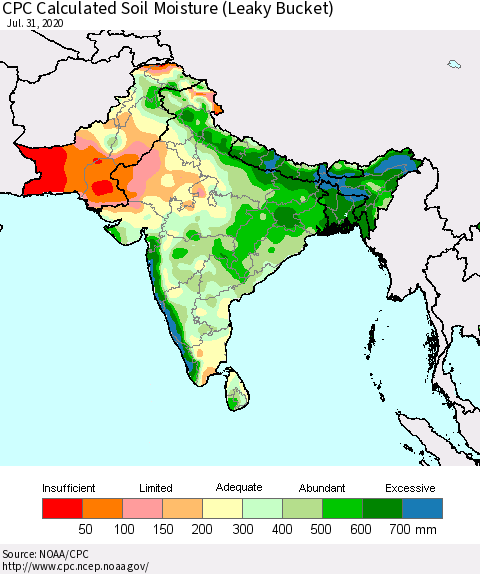 Southern Asia CPC Calculated Soil Moisture (Leaky Bucket) Thematic Map For 7/26/2020 - 7/31/2020