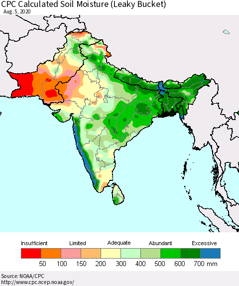 Southern Asia CPC Calculated Soil Moisture (Leaky Bucket) Thematic Map For 8/1/2020 - 8/5/2020