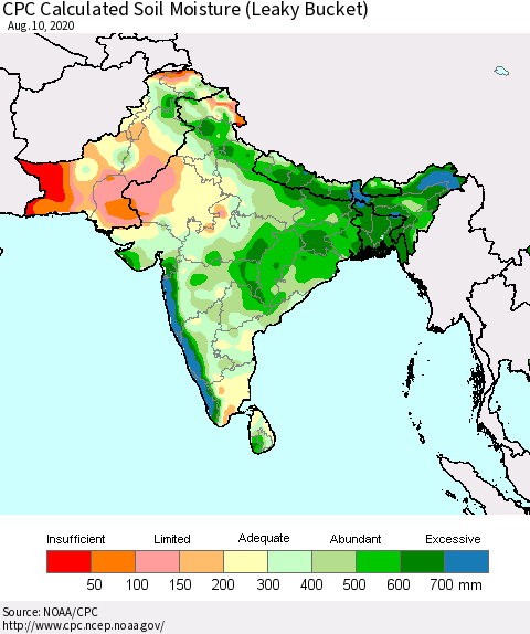 Southern Asia CPC Calculated Soil Moisture (Leaky Bucket) Thematic Map For 8/6/2020 - 8/10/2020
