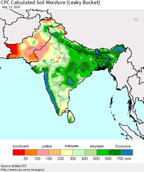 Southern Asia CPC Soil Moisture (Leaky Bucket) Thematic Map For 8/11/2020 - 8/15/2020