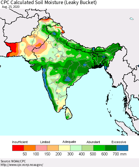 Southern Asia CPC Calculated Soil Moisture (Leaky Bucket) Thematic Map For 8/21/2020 - 8/25/2020