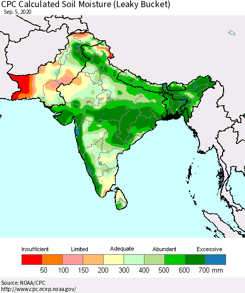 Southern Asia CPC Calculated Soil Moisture (Leaky Bucket) Thematic Map For 9/1/2020 - 9/5/2020