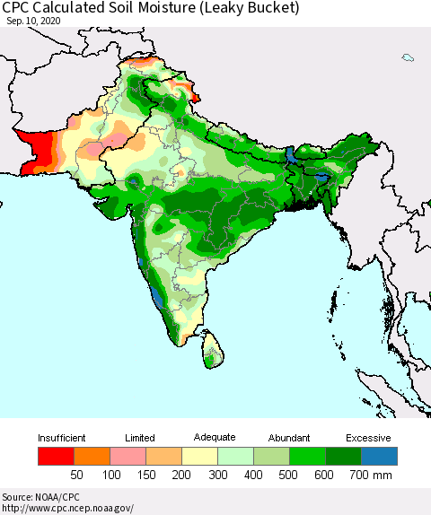 Southern Asia CPC Calculated Soil Moisture (Leaky Bucket) Thematic Map For 9/6/2020 - 9/10/2020
