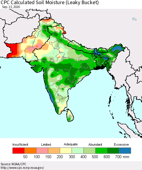 Southern Asia CPC Soil Moisture (Leaky Bucket) Thematic Map For 9/11/2020 - 9/15/2020