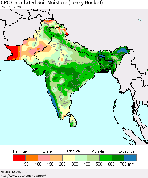 Southern Asia CPC Calculated Soil Moisture (Leaky Bucket) Thematic Map For 9/16/2020 - 9/20/2020