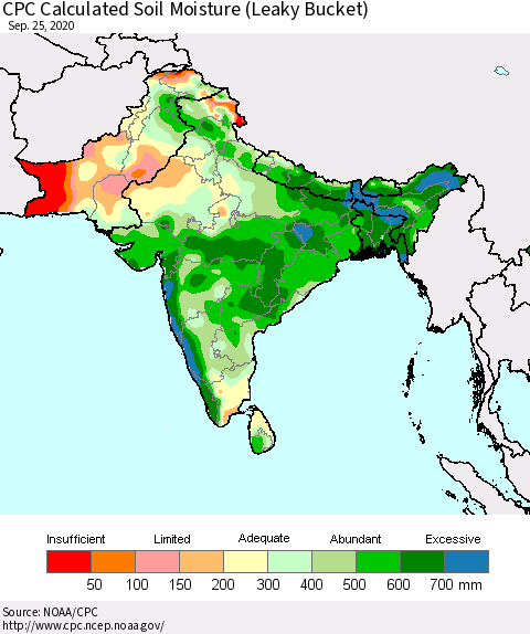 Southern Asia CPC Calculated Soil Moisture (Leaky Bucket) Thematic Map For 9/21/2020 - 9/25/2020