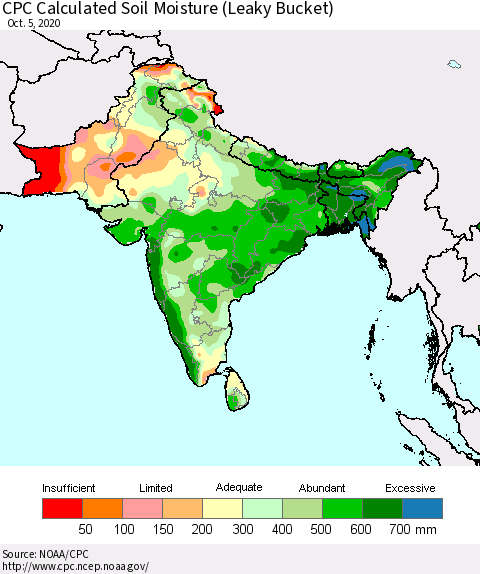 Southern Asia CPC Soil Moisture (Leaky Bucket) Thematic Map For 10/1/2020 - 10/5/2020