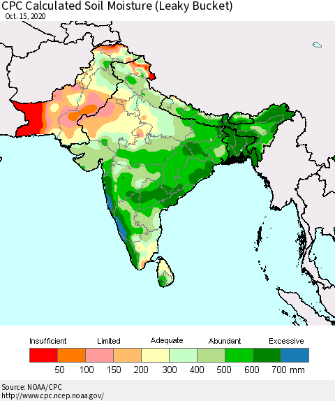 Southern Asia CPC Calculated Soil Moisture (Leaky Bucket) Thematic Map For 10/11/2020 - 10/15/2020