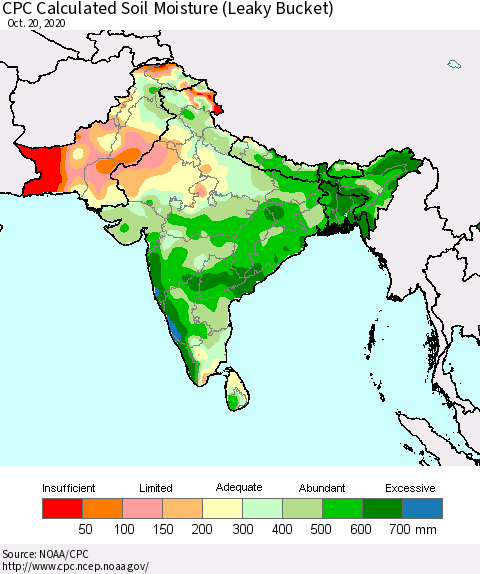 Southern Asia CPC Calculated Soil Moisture (Leaky Bucket) Thematic Map For 10/16/2020 - 10/20/2020