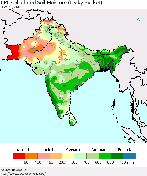 Southern Asia CPC Calculated Soil Moisture (Leaky Bucket) Thematic Map For 10/26/2020 - 10/31/2020