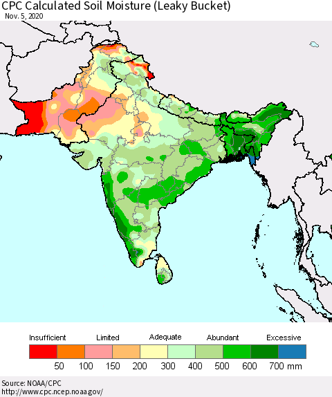 Southern Asia CPC Calculated Soil Moisture (Leaky Bucket) Thematic Map For 11/1/2020 - 11/5/2020
