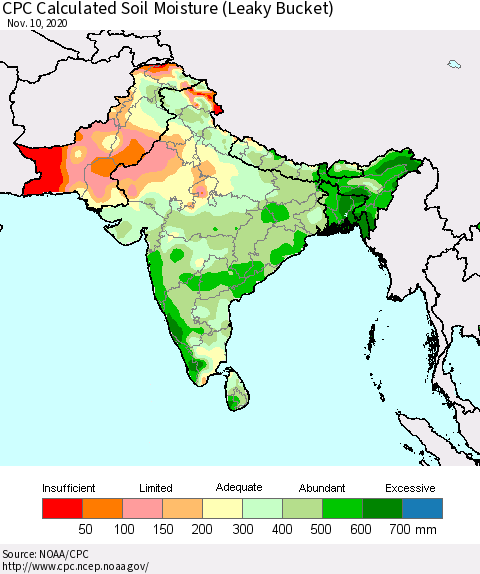 Southern Asia CPC Calculated Soil Moisture (Leaky Bucket) Thematic Map For 11/6/2020 - 11/10/2020