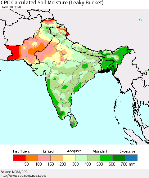 Southern Asia CPC Calculated Soil Moisture (Leaky Bucket) Thematic Map For 11/16/2020 - 11/20/2020