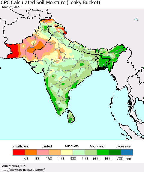 Southern Asia CPC Calculated Soil Moisture (Leaky Bucket) Thematic Map For 11/21/2020 - 11/25/2020