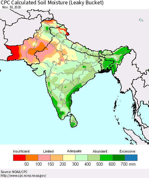 Southern Asia CPC Calculated Soil Moisture (Leaky Bucket) Thematic Map For 11/26/2020 - 11/30/2020