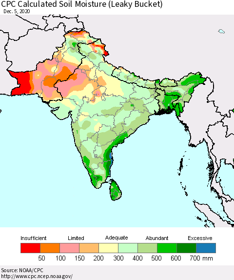 Southern Asia CPC Calculated Soil Moisture (Leaky Bucket) Thematic Map For 12/1/2020 - 12/5/2020