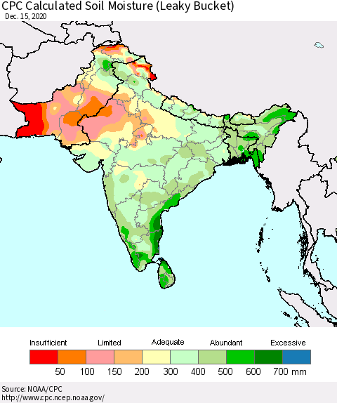 Southern Asia CPC Calculated Soil Moisture (Leaky Bucket) Thematic Map For 12/11/2020 - 12/15/2020