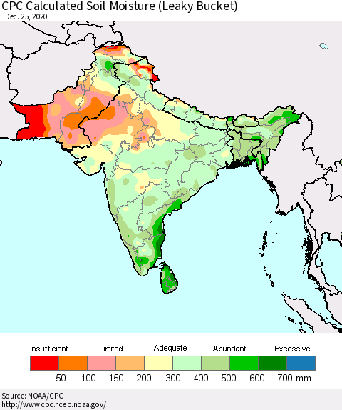 Southern Asia CPC Soil Moisture (Leaky Bucket) Thematic Map For 12/21/2020 - 12/25/2020