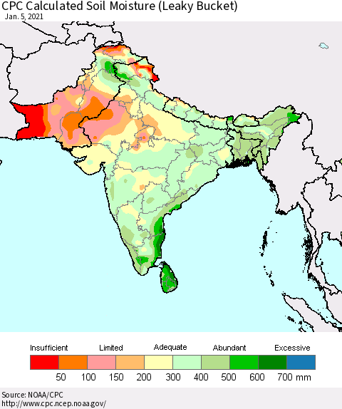 Southern Asia CPC Calculated Soil Moisture (Leaky Bucket) Thematic Map For 1/1/2021 - 1/5/2021