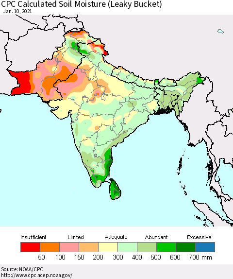 Southern Asia CPC Calculated Soil Moisture (Leaky Bucket) Thematic Map For 1/6/2021 - 1/10/2021