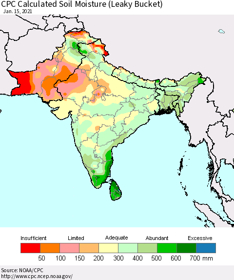 Southern Asia CPC Calculated Soil Moisture (Leaky Bucket) Thematic Map For 1/11/2021 - 1/15/2021