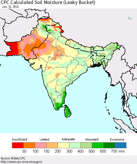 Southern Asia CPC Soil Moisture (Leaky Bucket) Thematic Map For 1/26/2021 - 1/31/2021