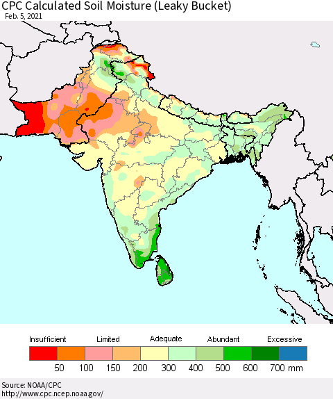 Southern Asia CPC Calculated Soil Moisture (Leaky Bucket) Thematic Map For 2/1/2021 - 2/5/2021