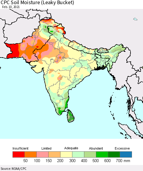 Southern Asia CPC Calculated Soil Moisture (Leaky Bucket) Thematic Map For 2/6/2021 - 2/10/2021