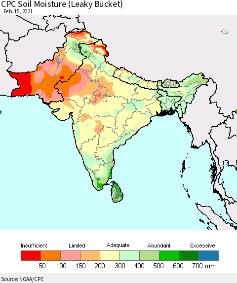 Southern Asia CPC Soil Moisture (Leaky Bucket) Thematic Map For 2/11/2021 - 2/15/2021