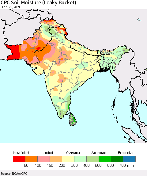 Southern Asia CPC Calculated Soil Moisture (Leaky Bucket) Thematic Map For 2/21/2021 - 2/25/2021