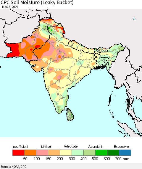 Southern Asia CPC Calculated Soil Moisture (Leaky Bucket) Thematic Map For 3/1/2021 - 3/5/2021