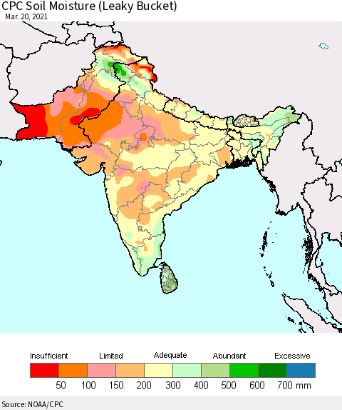 Southern Asia CPC Calculated Soil Moisture (Leaky Bucket) Thematic Map For 3/16/2021 - 3/20/2021