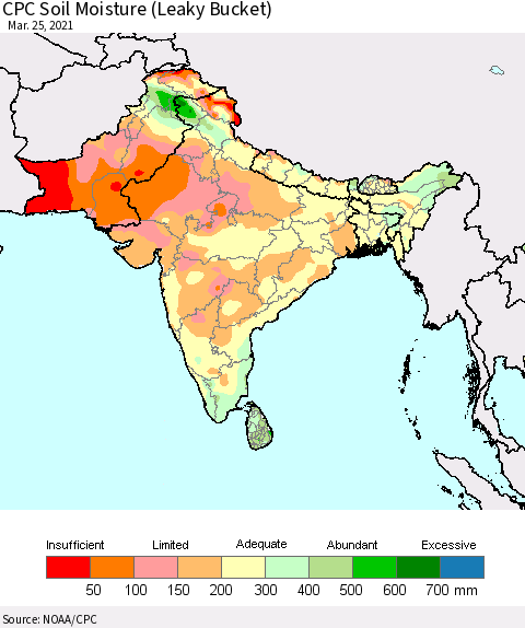 Southern Asia CPC Calculated Soil Moisture (Leaky Bucket) Thematic Map For 3/21/2021 - 3/25/2021